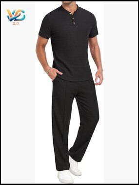 Waffle Knit Henley Shirt and Pants Set Casual 2 Piece Summer Tracksuit